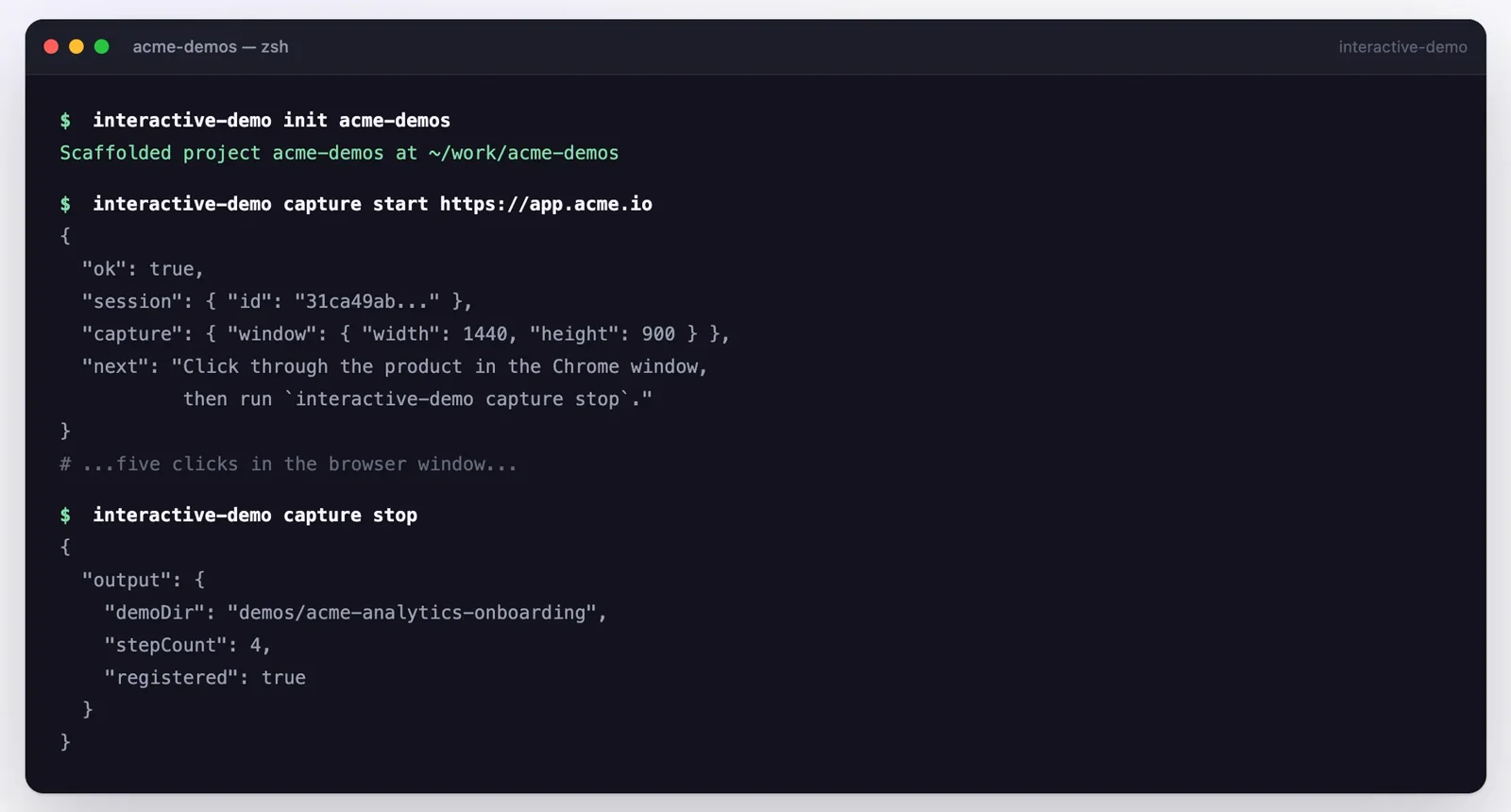 The capture command recording four steps from a product in Chrome