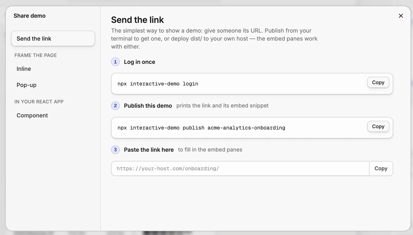 The share dialog with the login and publish commands